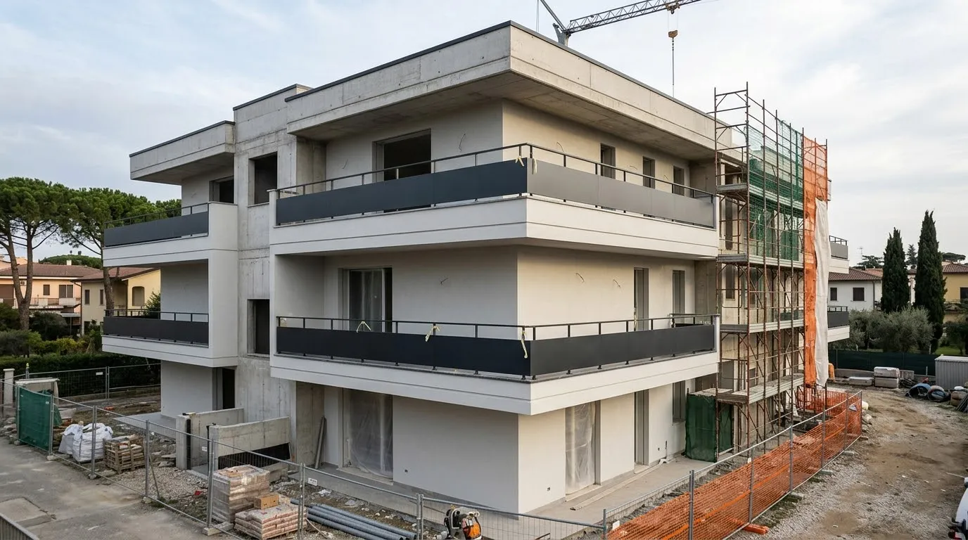 Edificio residenziale in costruzione con parapetti metallici sui balconi.