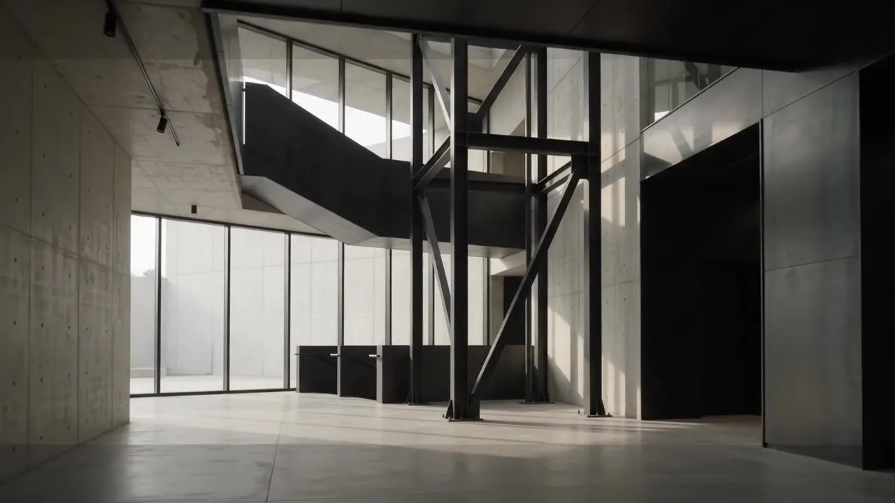 Interno architettonico con scala e struttura in acciaio
