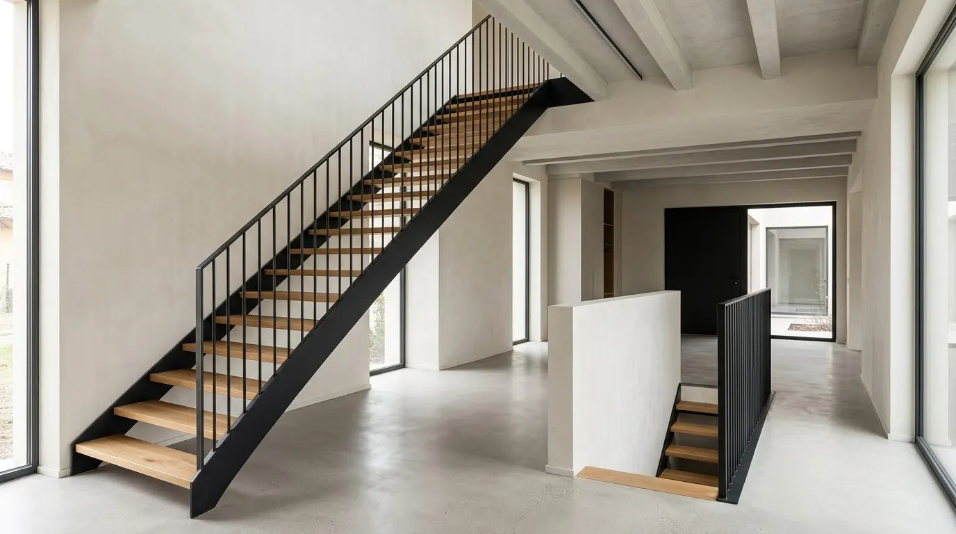 Scala con struttura metallica scura, gradini in legno e parapetto a montanti verticali.